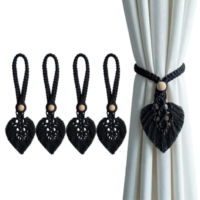 4PCS Boho Gordijnkoord Tie Backs - 5 Kleuropties, Handgebreide Tie Back Houder met Verstelbare Natuurlijke Houten Kralen voor Binnen en Buiten Decoratie (Enkel blad, Zwart)