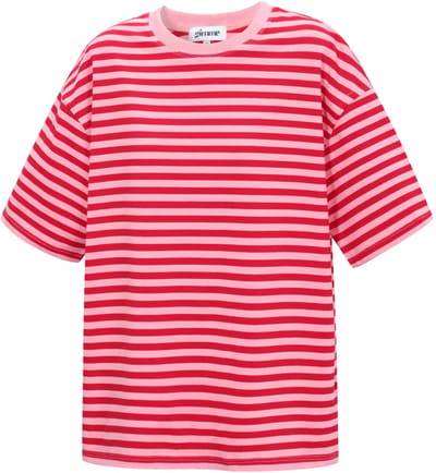 Colorful Striped Tee – Casual Shirt met Korte Mouwen – Comfortabele Top voor Dagelijks Gebruik - Rood/Roze - Maat S
