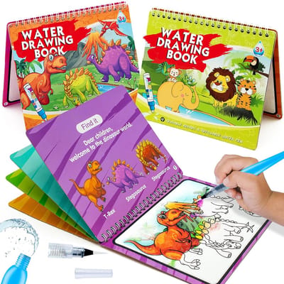 BOTC Waterkleurboeken - Kleurboek voor Kinderen - 2stuks - Dinosaurus & Safari 2 Navulbare Waterpennen - Herbruikbaar Kleuren Educatief Speelgoed