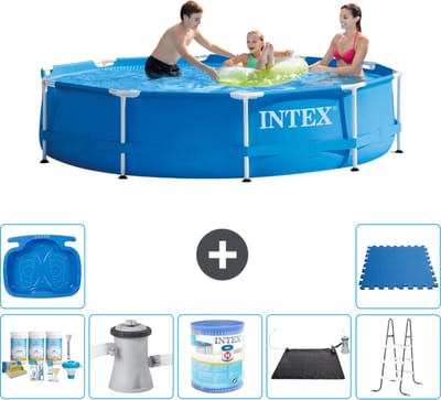 Intex Rond Frame Zwembad - 305 x 76 cm - Blauw - Inclusief Onderhoudspakket - Zwembadfilterpomp - Filter - Solar Mat - Ladder - Voetenbad - Vloertegels - 8-delig