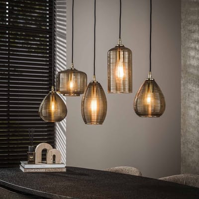 PS-Collection Glazen Hanglamp Stripe - Smoke Bruin - 5-Lichts - Horizontaal - 126 cm - hanglampen eetkamer, hanglamp zwart, hanglampen woonkamer, hanglamp slaapkamer, hanglamp rotan, hanglamp hout, hanglamp industrieel, hanglamp glas, hang lamp