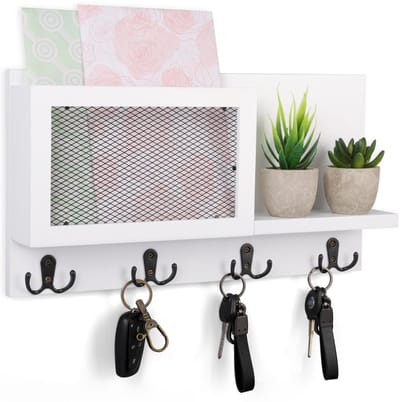 Dailygoody - Muurgemonteerde Brieven en Sleutelhouder - Sleutelorganiser - Rustiek en Duurzaam - Wit - Postsortering - 8 Haken - Geschikt voor Entree