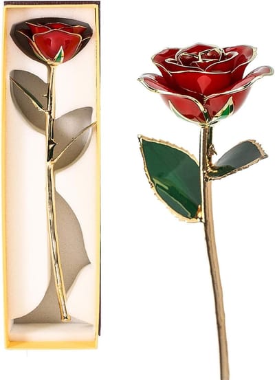 Gouden Bloem Decoratie - Eeuwige Roos - Cadeau Idee - 24 Karaats Verguld - 32 cm Hoog - Rood