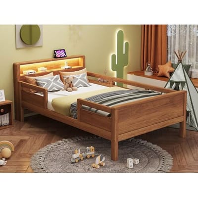 ModernLuxe Massief houten bed 90×200 cm - met USB + Type-C - met LED-nachtlampje - naturel (zonder matras)