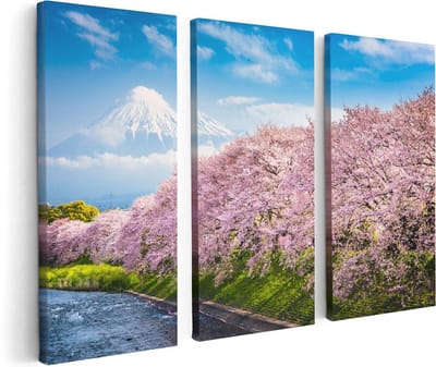 Artaza Canvas Schilderij Drieluik Roze Bloesembomen Bij De Fuji Berg - 120x80 - Foto Op Canvas - Canvas Print