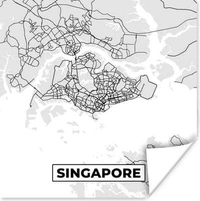 Poster Singapore - Plattegrond - Stadskaart - Zwart Wit - Kaart - 100x100 cm XXL