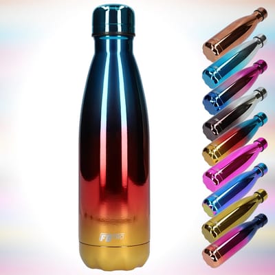 FBFS49, Thermosfles, Drinkfles, Waterfles - Modern & Slank Design - Thermos Fles voor de Warme en Koude Dagen - Dubbelwandig - Robuuste Thermoskan - 500ml - Chrome Blue, Red & Yellow - Chroom Blauw, Rood & Geel