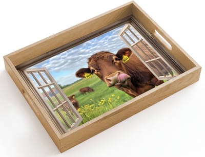 Dienblad hout 40x30 cm - Schootdienblad - Doorkijk - Koe - Weiland - Landschap - Dieren - Borrelplank rechthoek - Plateau dienbladen