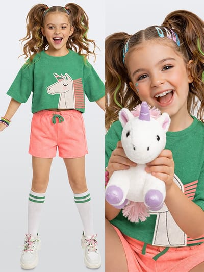 Denokids CFF-26Y1-029 Groen Meisjes Badstof T-shirt & Shortset Eenhoornprint 140