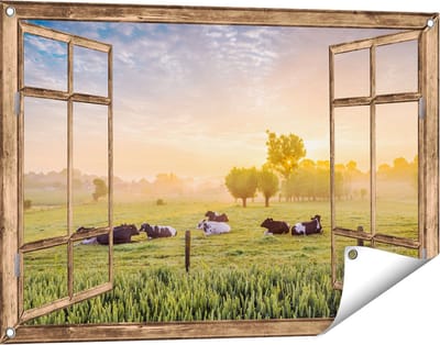 Gards Tuinposter Doorkijk Koeien in de Wei tijdens Zonsopgang - 90x60 cm - Tuindoek - Tuindecoratie - Wanddecoratie buiten - Tuinschilderij