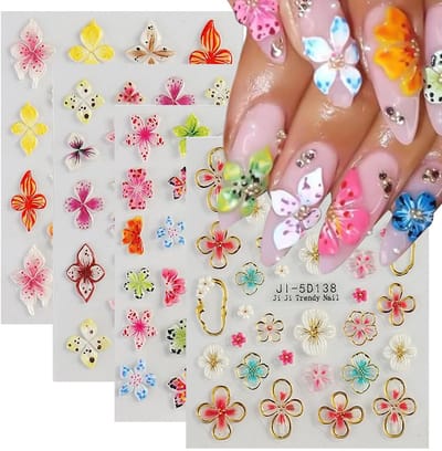 Dailygoods- Nagelstickers 5D Bloemen - Nagelstickers Hibiscus - Nagelstickers Kersenbloesem - Nagelstickers Voor Vrouwen - Set Van 4 Velletjes - Voor Nagelkunst In Lente/Zomer