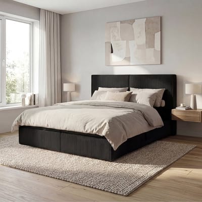 Meubella - Iro - Boxspring met opbergruimte - Ribstof zwart 180x200 cm