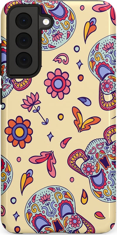 Casetastic hoesje geschikt voor Samsung Galaxy S21 FE 5G - Dubbellaagse bescherming - Dia de los Muertos Doodshoofd Bloemen - Fashion Case - Crème Lila Zilver