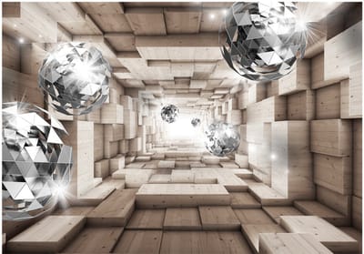 Fotobehangkoning - Behang - Vliesbehang - Fotobehang 3D Tunnel naar het Licht - Diamanten - In A Wooden Tunnel - 400 x 280 cm