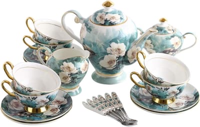 Theeservies met Theepot - Koffiekopjes Set Porselein - Afternoon Tea - Gouden Randje - 1100 ml Theepot - Blauw
