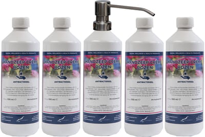 Handzeep Crème Rozen 500 ml - set van 5 stuks - met gratis RVS zilverkleurige pomp - Voordeelverpakking