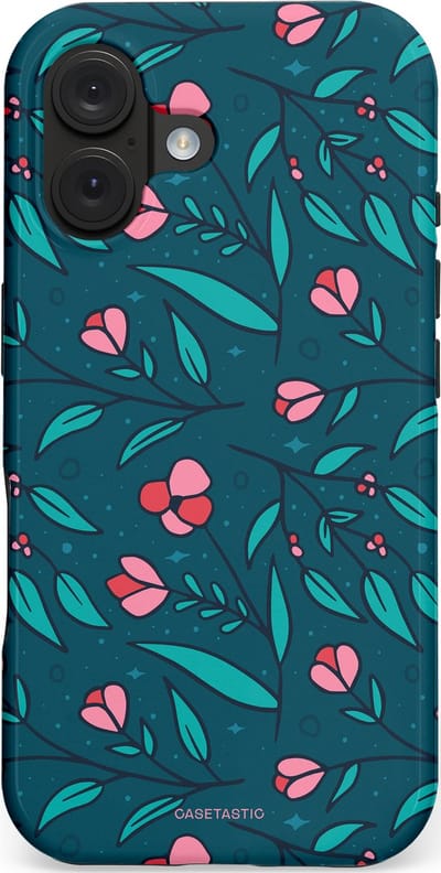 Casetastic hoesje geschikt voor Apple iPhone 16 - MagSafe - Dubbellaagse bescherming - Blauwe Groene Bloemenpracht - Fashion Case - Petrol Donkergrijs