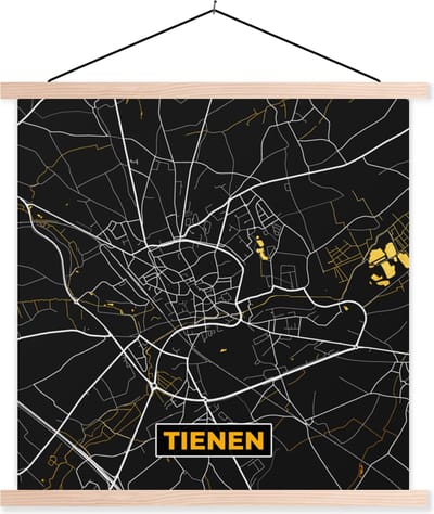 Posterhanger incl. Poster 40x40 cm - Schoolplaat - Stadskaart - Goud - Tienen - Kaart - Plattegrond - Textielposter - Blanke latten - Stadskaart
