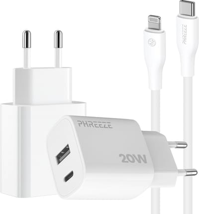 Phreeze usb C adapter 20w met kabel geschikt voor iPhone en iPad met Lightning kabel - Power Delivery snellader met 2 poorten