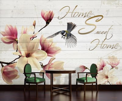 Flowers Bird Wood Planks Home Photo Wallcovering