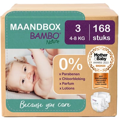 BAMBO Nature Luiers - Maat 3 (4-8 kg) - 168 stuks Maandbox - 0% onnodige toevoegingen - Ideaal voor de gevoelige huid - Nordic Swan Ecolabel