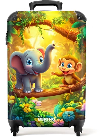 NoBoringSuitcases.com® - Kinderkoffer - Kindertrolley jongen en meisje - Olifant en aapje in kleurrijke jungle - Handbagage koffer lichtgewicht - Reiskoffer trolley kinderen - Rolkoffer met wieltjes - Past binnen 55x40x20 en 55x35x25
