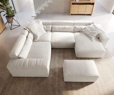 Woonkamerlandschap Sirpio 300x210 cm bouclee crème-wit recamiere variabele met kruk