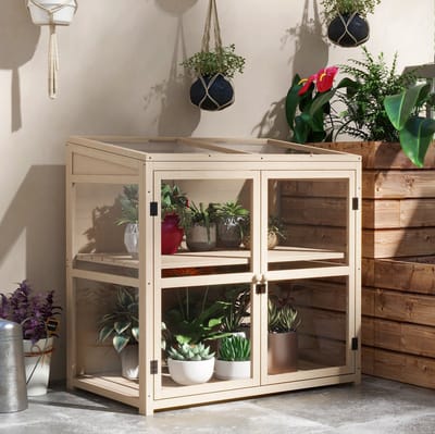 MEUNIQ houten kweekkas 103 x 61 x 103 cm met 2 niveaus, dubbele deur en verstelbaar dakraam, mini kas voor planten en opkweek, naturel
