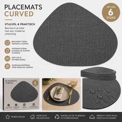 Wicotex - Placemats Zak curved Zwart per 6 stuks - Placemats Taupe - Placemats antislip - Placemats afmeting 34x42cm