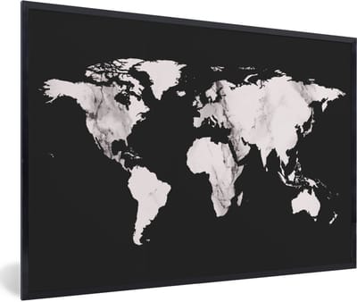 Poster in lijst - Fotolijst 90x60 cm - Posters - Wereldkaart - Marmer - Wit - Posterlijst zwart - Decoratie - Wanddecoratie woonkamer - Muurdecoratie slaapkamer