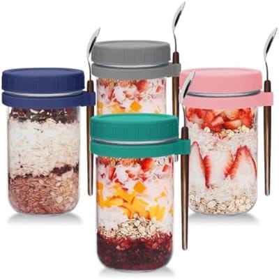 PromoHome Glazen Muesli en Yoghurt Bekers Set van 4 - 600ml Herbruikbare Inmaakpotten met Lekdicht Deksel en Lepel - Geschikt voor Ontbijt, Salade, Pap en Meer