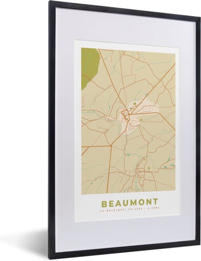 Fotolijst incl. Poster - Kaart - België - Beaumont - Stadskaart - Plattegrond - 40x60 cm - Posterlijst