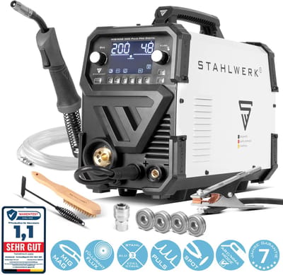 STAHLWERK MIG MAG 200 Pulse Pro Digitale gas-afgeschermde vlambooglasmachine | IGBT-omvormer met 200 A, synergische draadaanvoer, aandrijving met 4 rollen, FLUX, Lift-TIG en MMA/ARC-functie | MIG-puls voor aluminium