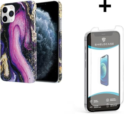 ShieldCase telefoonhoesje geschikt voor Apple iPhone 12 / 12 Pro - 6.1 inch hoesje marmer - paars + glazen Screen Protector
