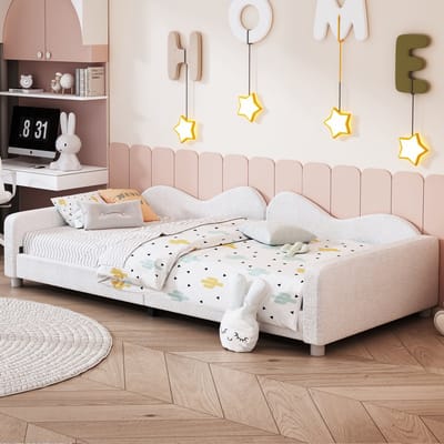 Sweiko Kinderbedkussen bed 90*200cm, Slaapbank Frame Teddydoek multifunctionele rugleuning armleuning zacht bed, jeugdbed gastenbed Wit
