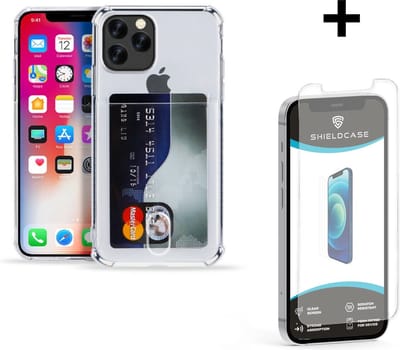 ShieldCase Shock case met pasjeshouder geschikt voor Apple iPhone 12 / 12 Pro - 6.1 inch + glazen Screen Protector - ruimte voor pasjes - strak design - transparant