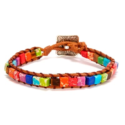 DW4Trading Chakra Armband 3 - Multicolor Natuursteen Regenboog - Imitatie Leer - Smal