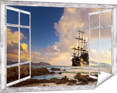 Gards Tuinposter Doorkijk Piratenschip aan de Kust bij Zonsondergang - 120x80 cm - Tuindoek - Tuindecoratie - Wanddecoratie buiten - Tuinschilderij