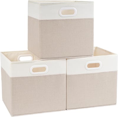 Opvouwbare stoffen opbergdozen voor speelgoed, 25 x 25 x 25 cm, set van 3 in lichtkaki en crèmewit, ideaal voor kinderkamer en organisatie