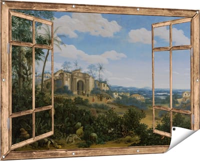 Gards Tuinposter Doorkijk Gezicht op Olinda, Brazilië - Frans Jansz. Post - 150x100 cm - Tuindoek - Tuindecoratie - Wanddecoratie buiten - Tuinschilderij