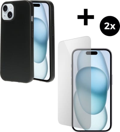 Mobiparts Classic TPU hoesje geschikt voor Apple iPhone 15 met 2 Screenprotectors van Gehard Glas - Zwart