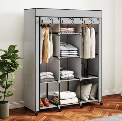 STILVORA Kledingkast - Stoffen Opbergkast Met 8 Planken En 2 Hangroedes - Voor Slaapkamer En Wasruimte - Lichtgrijs - 125x43x162,5 Cm