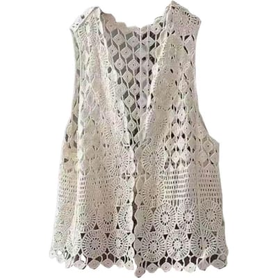 Damesvest Stijlvol Dames Gehaakt Mouwloos Vest Lichtgewicht Open Steek Zomervest Retro Gebreide Bovenkleding Jas voor Dagelijks One Size abrikoos