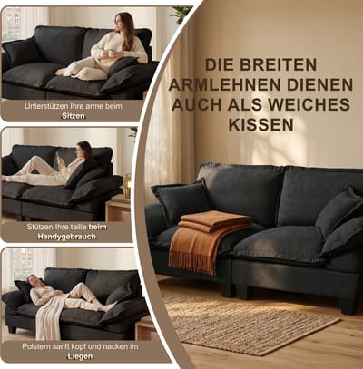 HAUSS SPOLE Hoekbank - Modulaire Cloud Bank - Met Verplaatsbare Ottomanen En Kussens - Voor Woonkamer En Appartement - Chenille Zwart