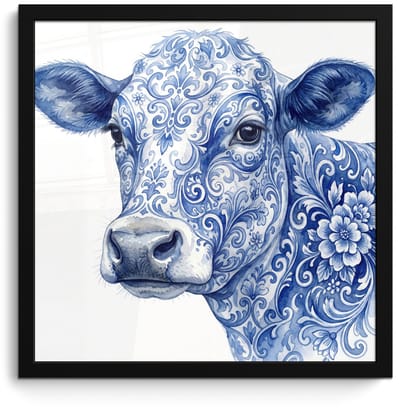 Poster in lijst - Fotolijst 40x40 cm - Posters - Illustratie - Koe - Blauw - Posterlijst zwart - Decoratie - Wanddecoratie woonkamer - Muurdecoratie slaapkamer