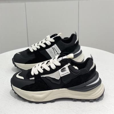 Echte Populaire Leer Mesh Daddy Schoenen Dames Herfst Nieuwe Koreaanse Versie Dikke Zool Kleurmatching Casual Sportschoenen 37 zwart