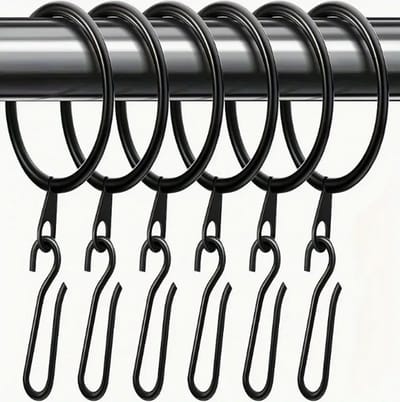 FSW-Products - Zwarte RVS Gordijnringen met Kuifhaken - Stevige Douchegordijn Ringen & Gordijnhaken - Metalen Ringen voor Gordijnen en Douchegordijnen - Set van 12 Stuks