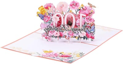 100th Verjaardagskaart - Pop Up Verjaardagskaart - Cadeaukaart - Grappige 3D Bloemenboeket - Vlinders - Zoet met Wenskaart en Envelop - Voor Vrouwen - Beste Vriendin - Roze
