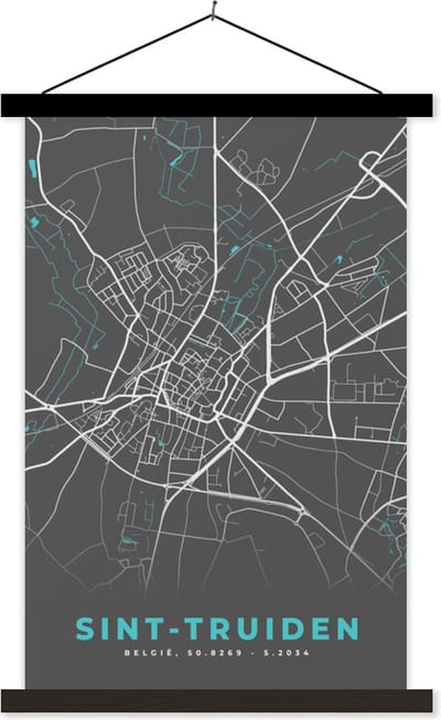 Posterhanger incl. Poster 40x60 cm - Schoolplaat - Plattegrond – Sint Truiden – Blauw – Stadskaart - Kaart - Textielposter - Zwarte latten - Stadskaart