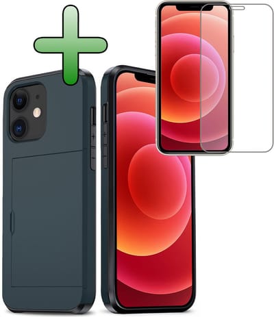 Hoes Geschikt voor iPhone 11 Hoesje Hard Case Met Pas Houder Met Screenprotector - Hoesje Geschikt voor iPhone 11 Hoes Shockproof Hard Cover Met Kaarthouder - Donkerblauw